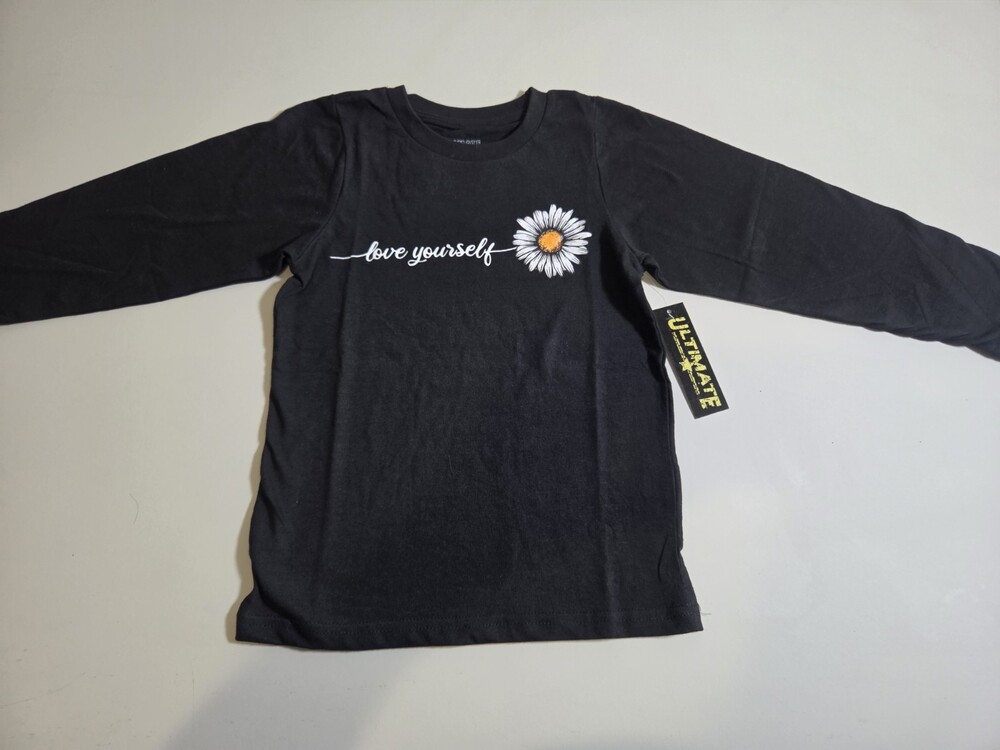 Ultimate Kids Unisex Black Long Sleeve Crew Neck T-Shirt Size 8-10 Daisy Graphic